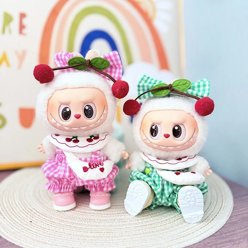 

Labubu Doll Clothes Pink Plaid Cherry Overalls Crossbody Bag Set For 1St 2Nd 3Rd Generation Sitting Labubu Plush Pendant Outfit