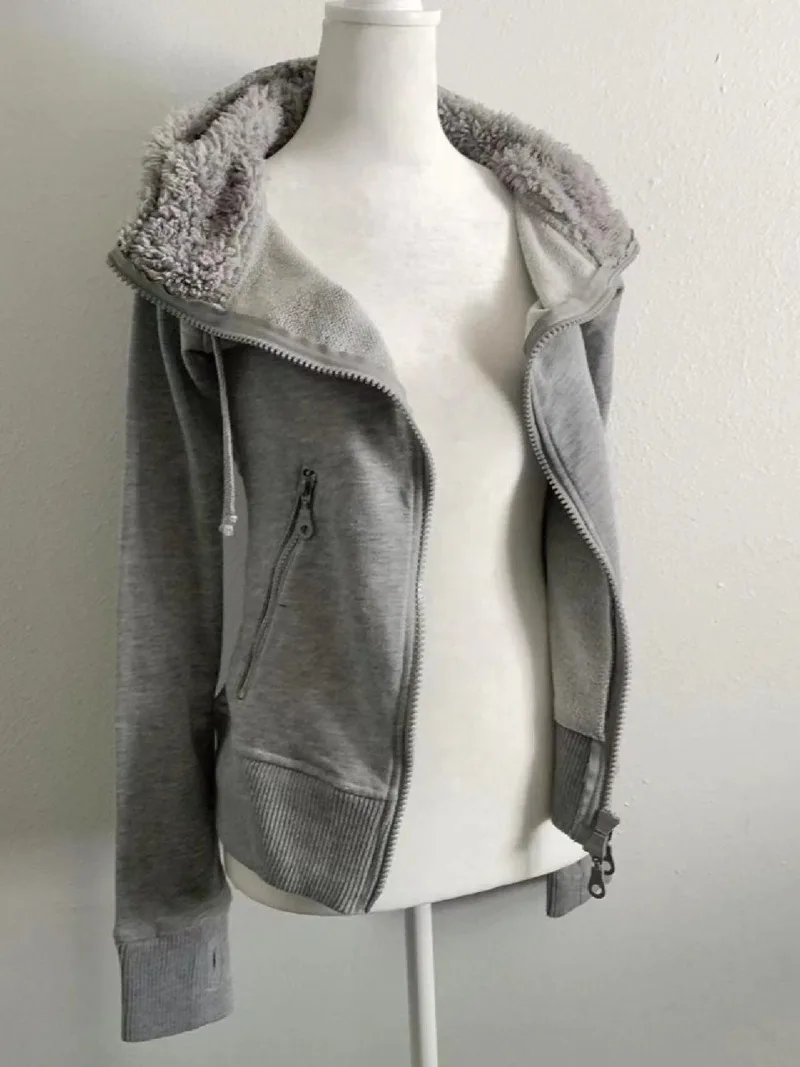 Korean Vintage Y2k Grey Lamb Wool Double Zipper Hoodies Women Clothes Slim Waist Hooded Coats Ropa Mujer Casual Sweatshirts