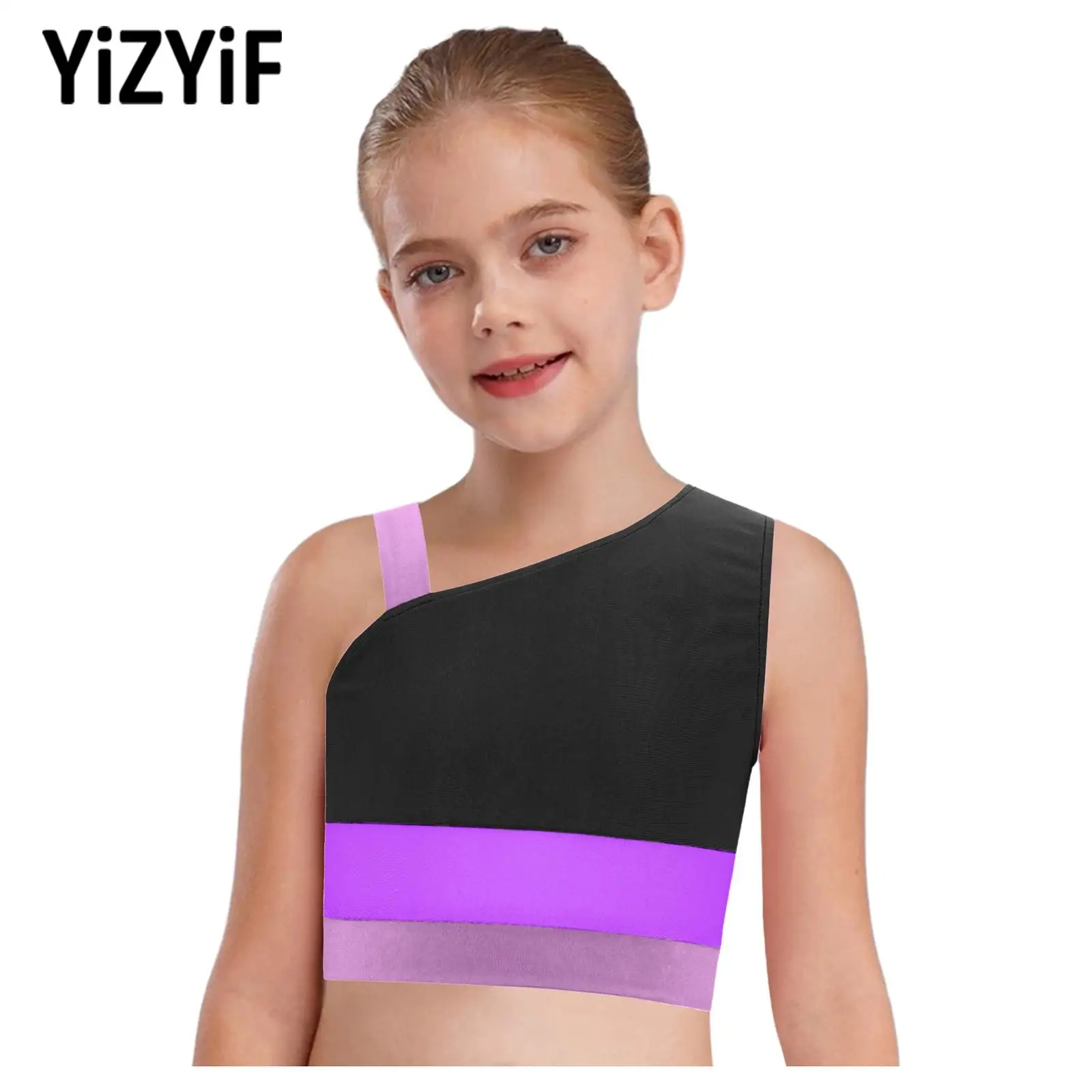 

Children Kids Girls Rhythmic Gymnastics Costume Sleeveless Asymmetrical Color Block Crop Top Ballet Skating Dance Training Wear