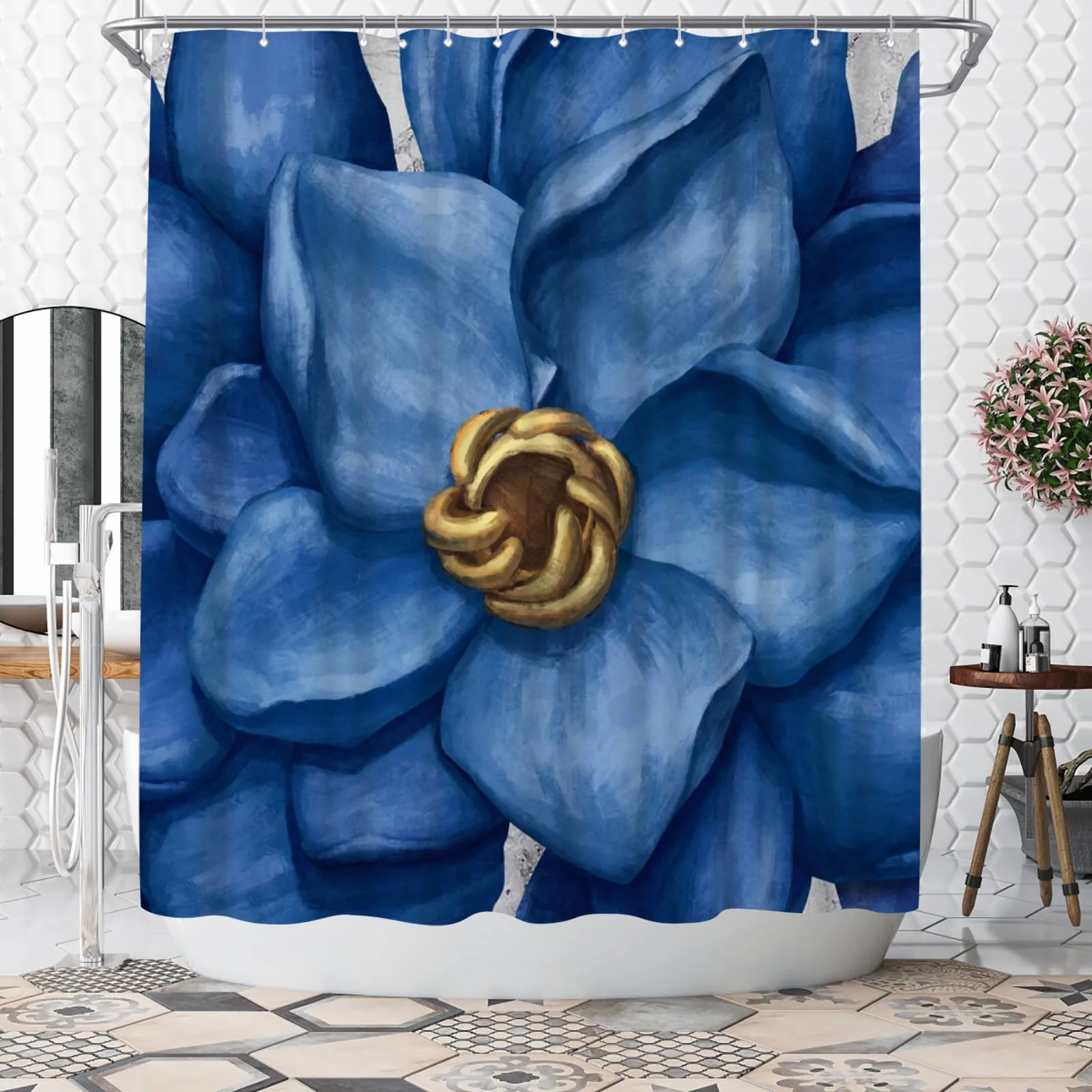 Blue Magnolia Flower Art Shower Curtain Machine Washable All Season Waterproof Privacy Protection  Watercolor Design Elegant