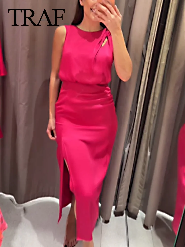 

TRAF 2024 New Women Fashion Sleeveless Satin Dress Female Pink Ruched Slit Elegant Long Dresses Midi Evening Party Vestidos