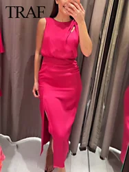 TRAF 2024 New Women Fashion Sleeveless Satin Dress Female Pink Ruched Slit Elegant Long Dresses Midi Evening Party Vestidos