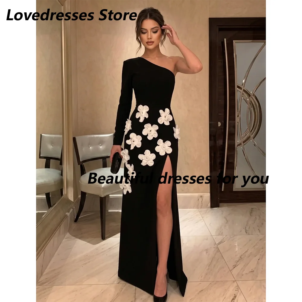 

Fashion One Shoulder Long Sleeves Prom Dresses Customized Mermaid Slit Floor Length Evening Gown Black Formal Party Dress