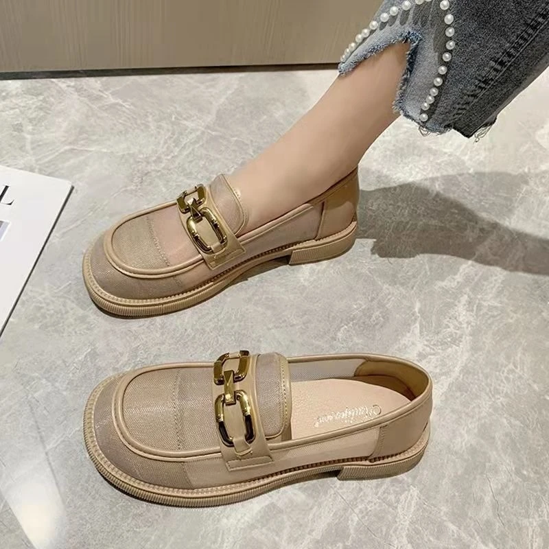 

Women's Mesh Loafer Shoes 2026 Summer New Thick Sole Round Toe Chunky Heel School Style Hollow-Out Breathable Leather