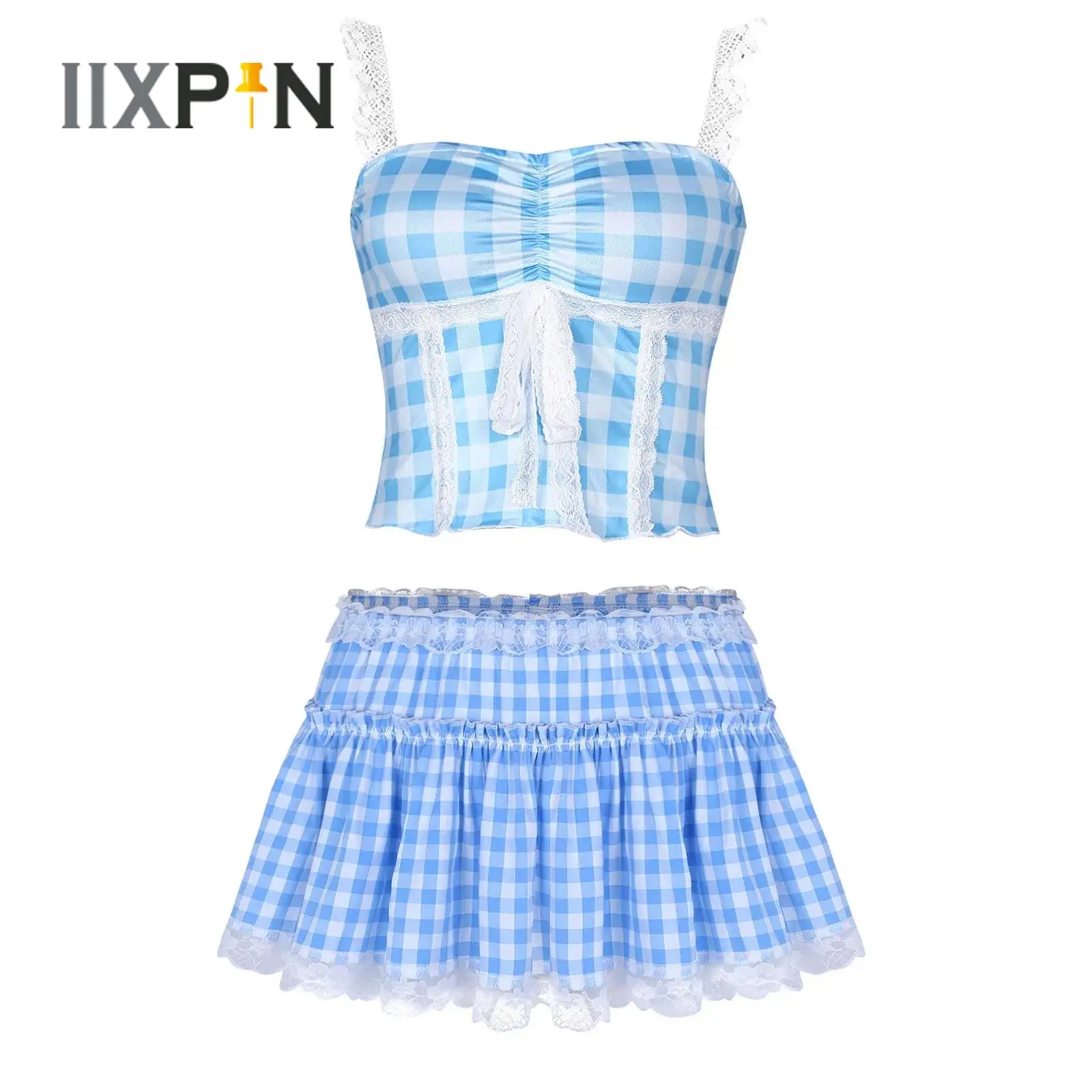 Womens Two-Pieces Plaid Outfit Lace Trim Spaghetti Crop Tops Square Neck Sleeveless Camisole Ruffled A-Line Mini Skirt Summer