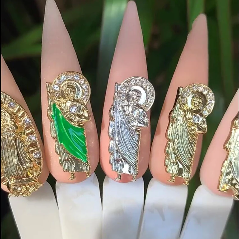 10/21Pcs 3D Alloy Virgin Mary Luxury Nail Charms Gold/Silver Metal San Judas&Virgin Mary Nail Art 14x24mm Jesus Christ Nail Part