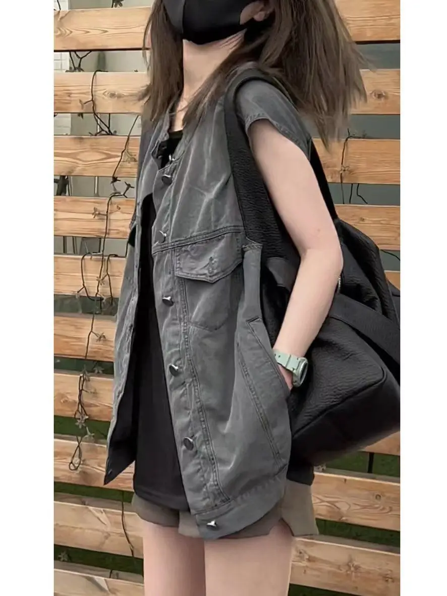 Women's Summer Vintage Washed Denim Vest Long Sleeveless Casual Solid Loose Fit Cargo Jacket for Streetwear & Daily Wear
