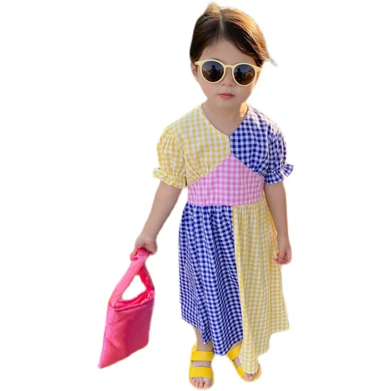 Girls\' Dress Checkered Color Matching Bright Color Dress Short-sleeved Princess Dress New Fashion Summer Children\'S Clothing