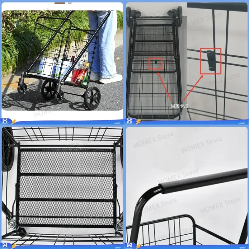 Foldable Metal Shopping Cart Household Grocery Trolley Vegetable Basket Lightweight Storage Rack Home Kitchen Organizer