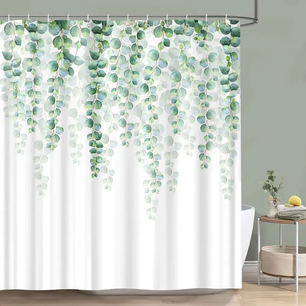 Sage Green Shower Curtain Plant Botanical Eucalyptus Leaf Watercolor Greenery Leaves Floral Bath Curtains Fabric Bathroom Deco