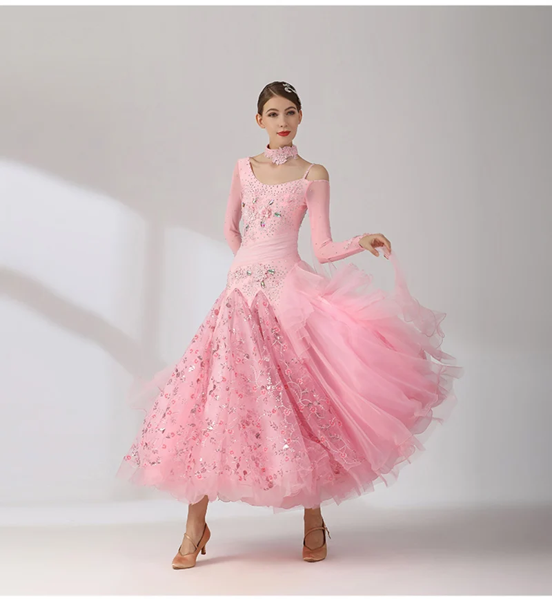 Lady's High Quality Standard Ballroom Dance Dresses Pink Elegant Ballroom Competition Dance Dress Women Waltz Dancing Skirt