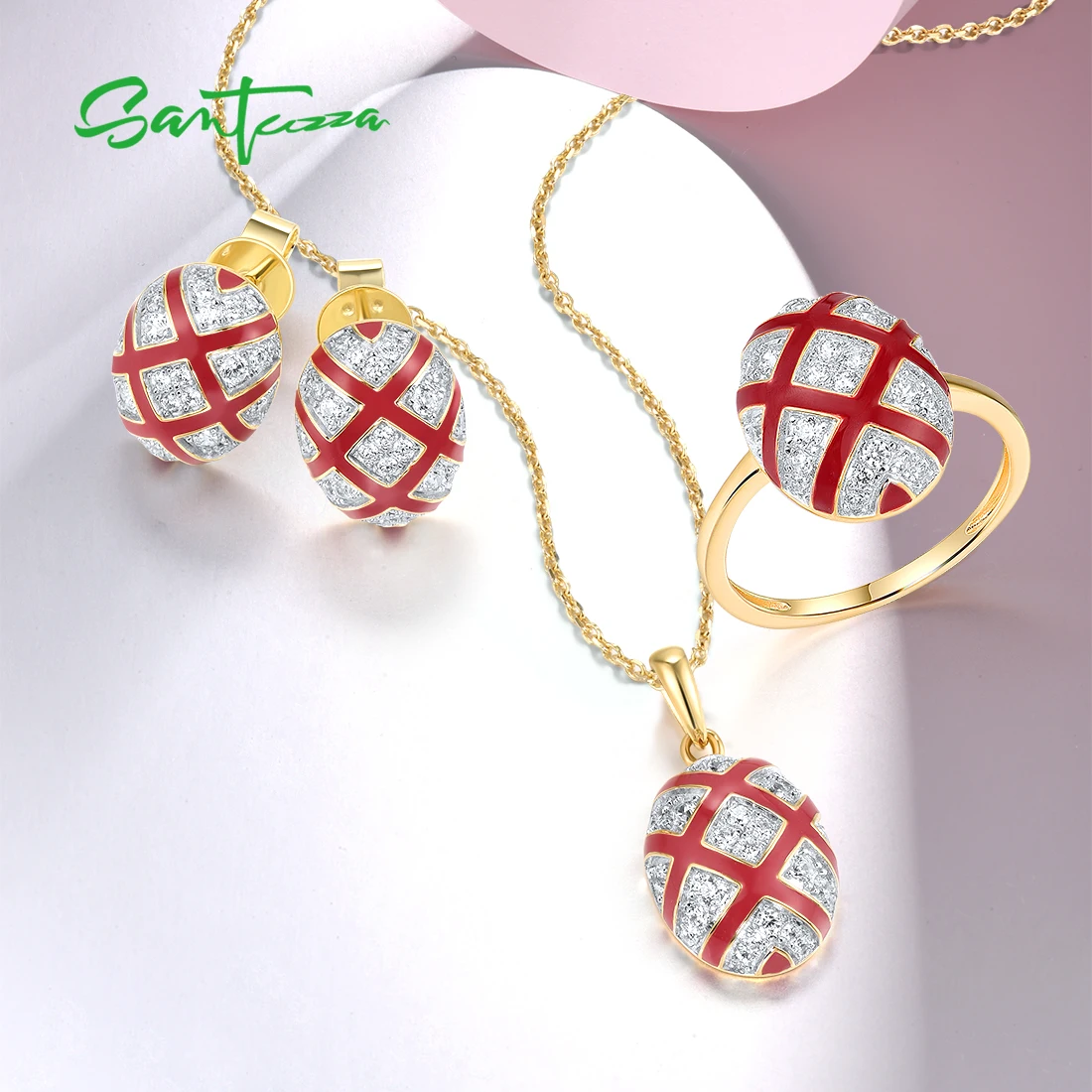 SANTUZZA Authentic 925 Sterling Silver Jewelry Set For Women White CZ Red Cross Oval Enamel Pendant Earrings Ring Fine Jewelry