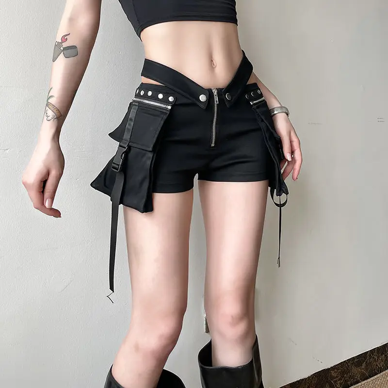 

2024 New Model Zipper Pocket Women'S Punk Low-Slung Shorts Detachable Belt Pockets Handsome Sexy Female Denim Short Pants Summer