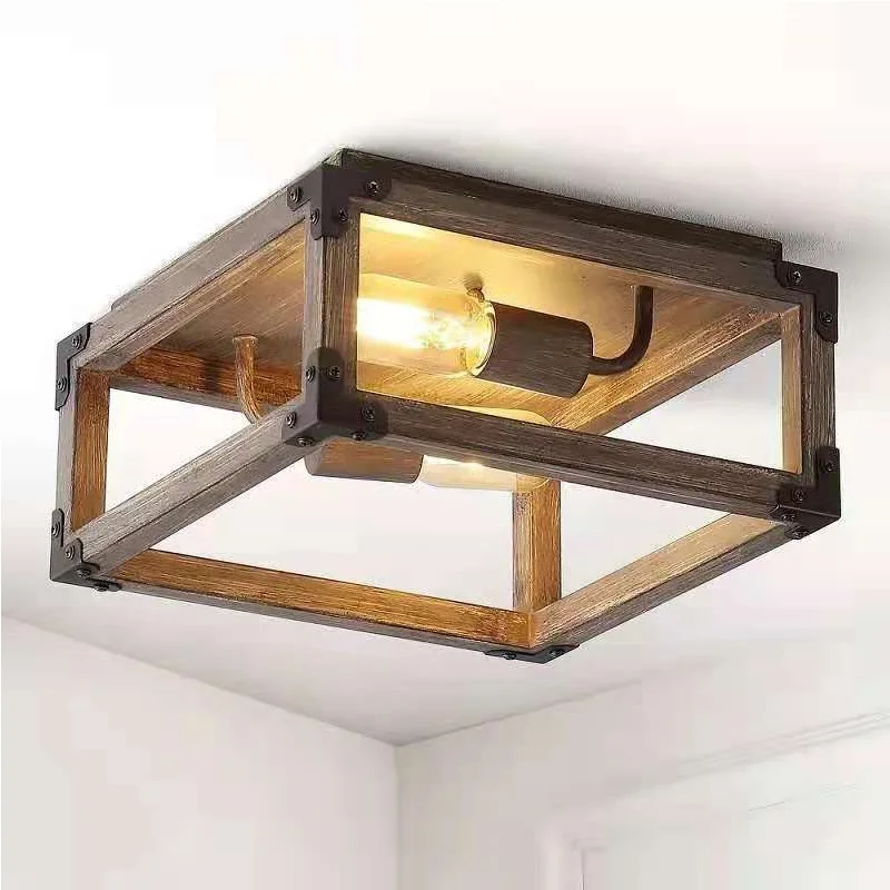 

American rural solid wood square ceiling light industrial style living room dining room bedroom corridor foyer lighting fixtures