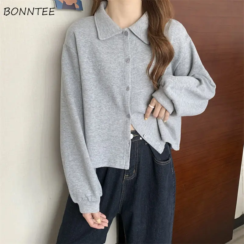 

Sweatshirts Women Turn Down Collar Solid Single Breasted Korean Style Simple Casual Body Buliding Sweet Preppy Students Leisure