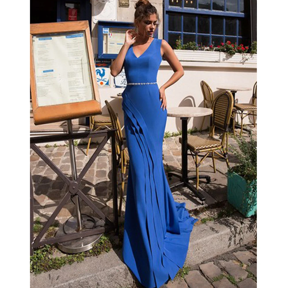 

Flechazo Blue Sleeveless Evening Dress Classic V-Neck Mermaid Floor Length with Belt and Ruffles Women Banquet Party Gowns