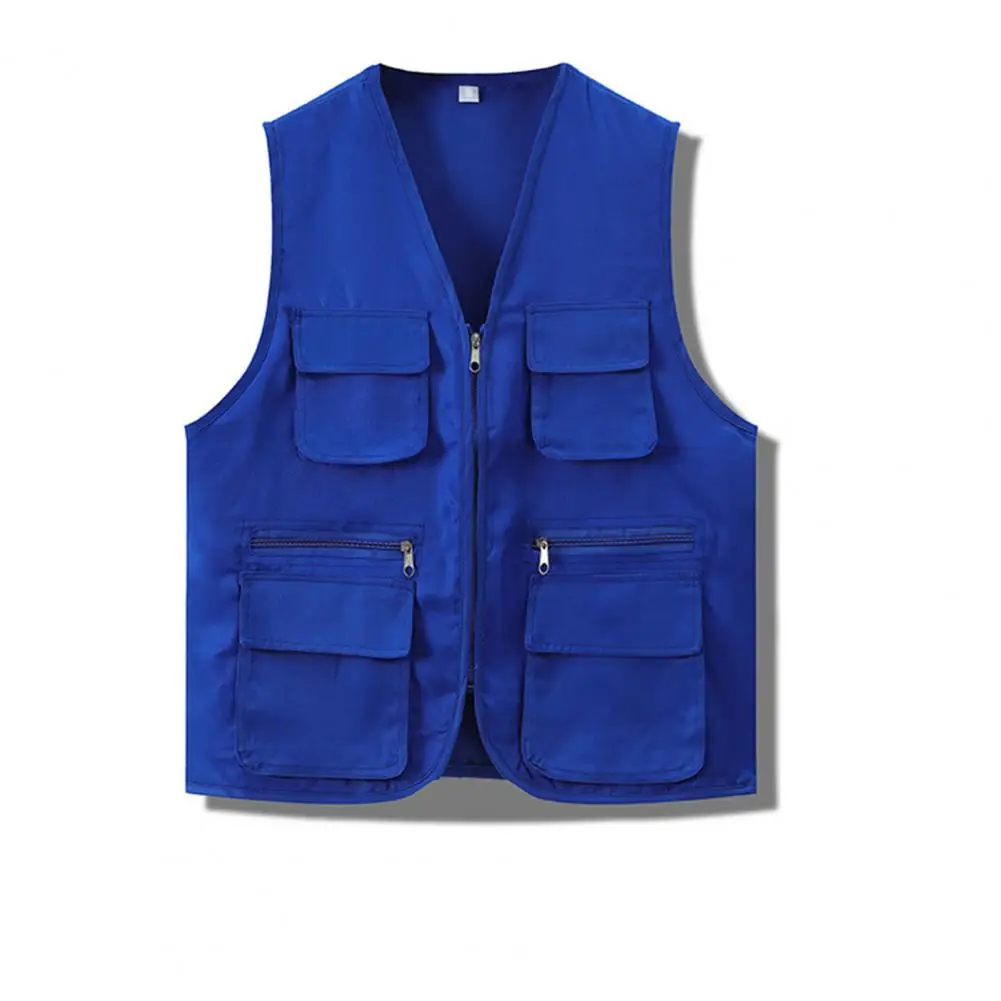 Women Men Work Waistcoat Solid Color O V-neck Zipper Placket Vest Jacket Outdoor Fishing Hiking Vest Jacket Casual Cargo Coat