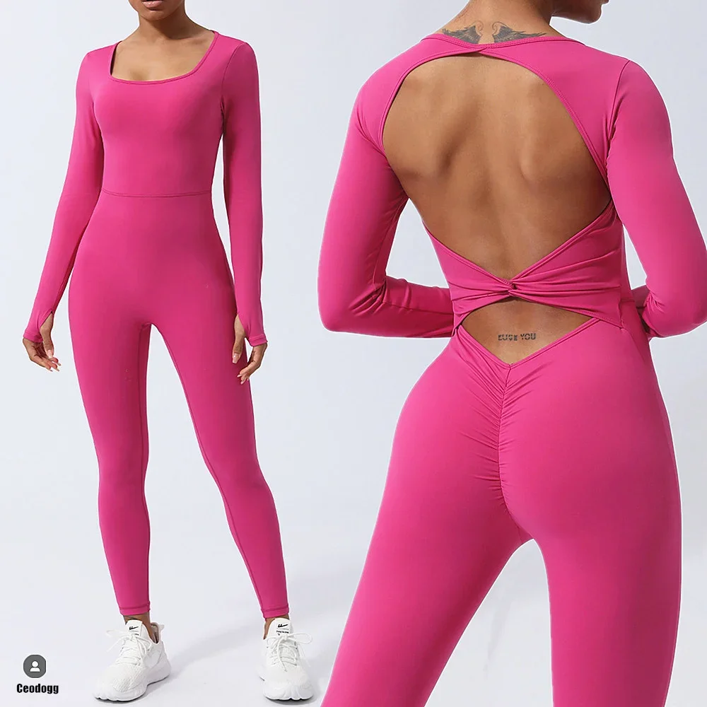 

2025 XL Pad Long Sleeve Yoga Sets Sport Fitness Athletic One Piece Jumpsuit Exercise Workout Scrunch Legging Gym Women Tracksuit