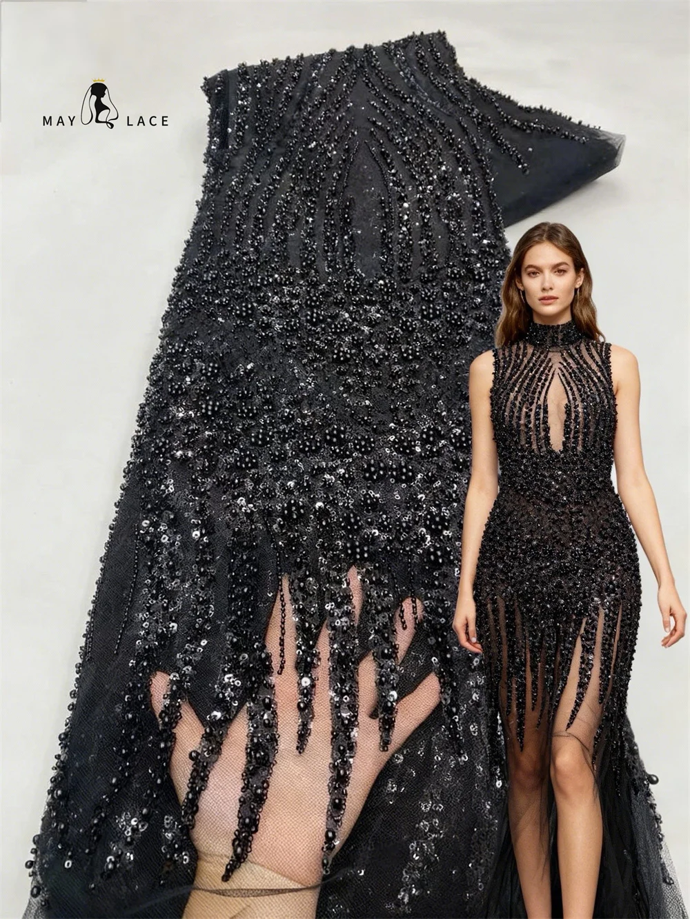 

Black Hot Sale African Lace Fabric 2026 High Quality Handmade Beaded Embroidery Mesh Lace With Sequins in Party Wedding Dress