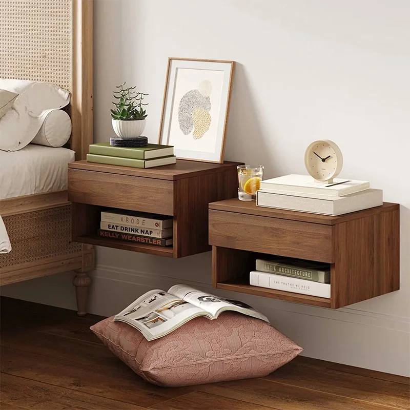 

‌Scandi Floating Nightstand Solid Wood Wall Mounted Storage Minimalist Bedside Cabinet Multifunctional Shelf Modern Decor‌