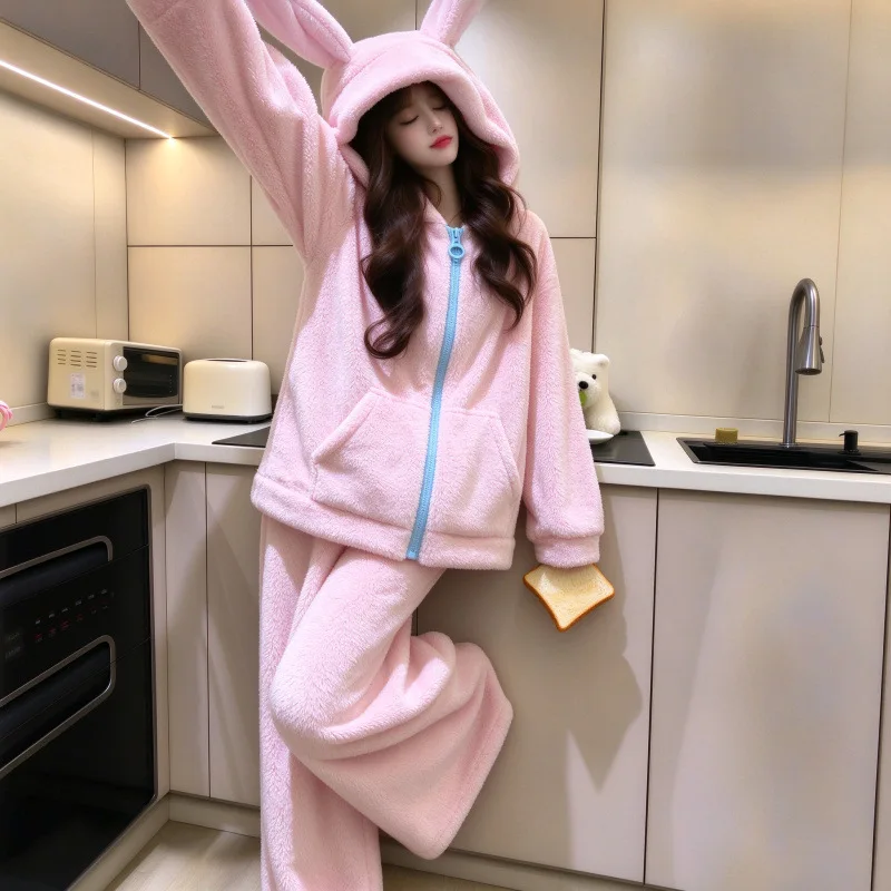 Women Cute Bunny Ear Hooded Pajama Set Winter Coral Fleece Fluffy Zipper Hoodie Wide Leg Pants Sleepwear Kawaii Warm Loungewear