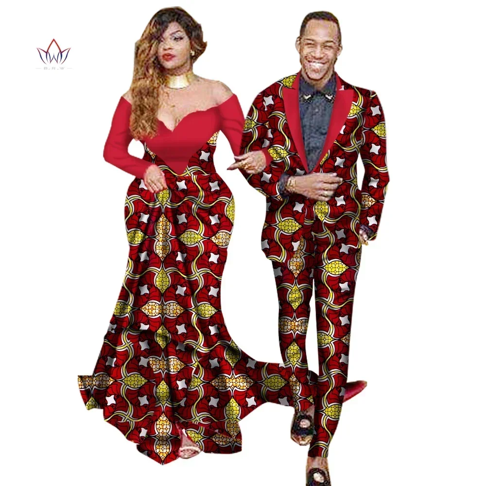 African Sweet Lovers Matching Couples Clothes Gift Valentine\' Day Long Sleeve Women Maxi Dresses and Mens Jacket Suits WYQ40