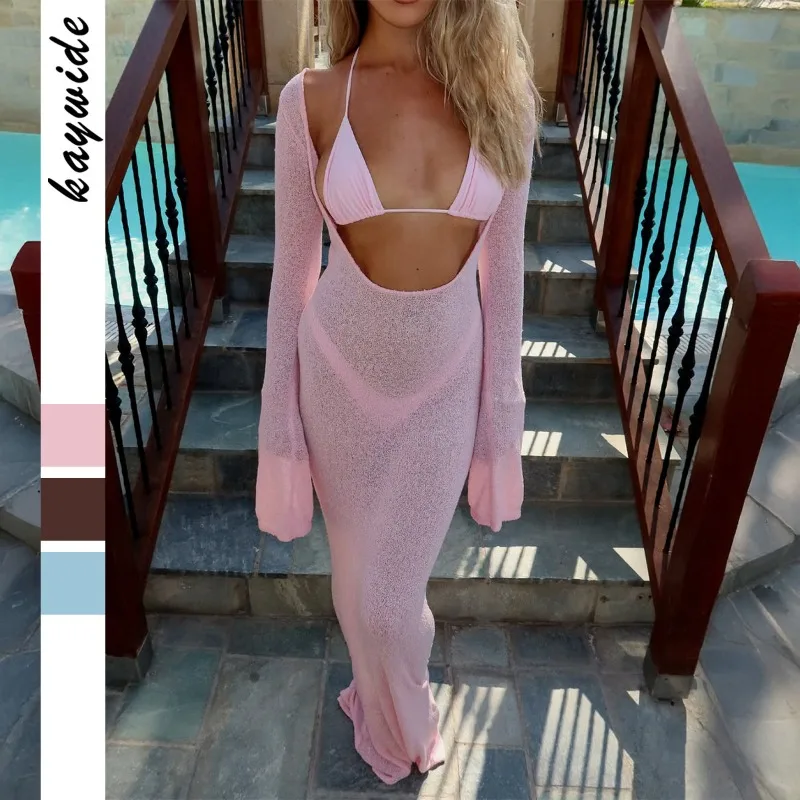 

Женское прозрачное трикотажное платье макси с длинными расклешенными рукавами, вырезами и облегающим силуэтом, пляжная накидка, летнее платье для вечеринок