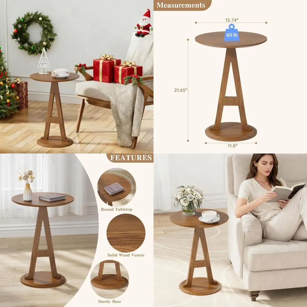 

Walnut Round Side Table with Unique A-Shaped Pedestal for Living Room and Bedroom, Ideal for Small Spaces, Easy Assembly