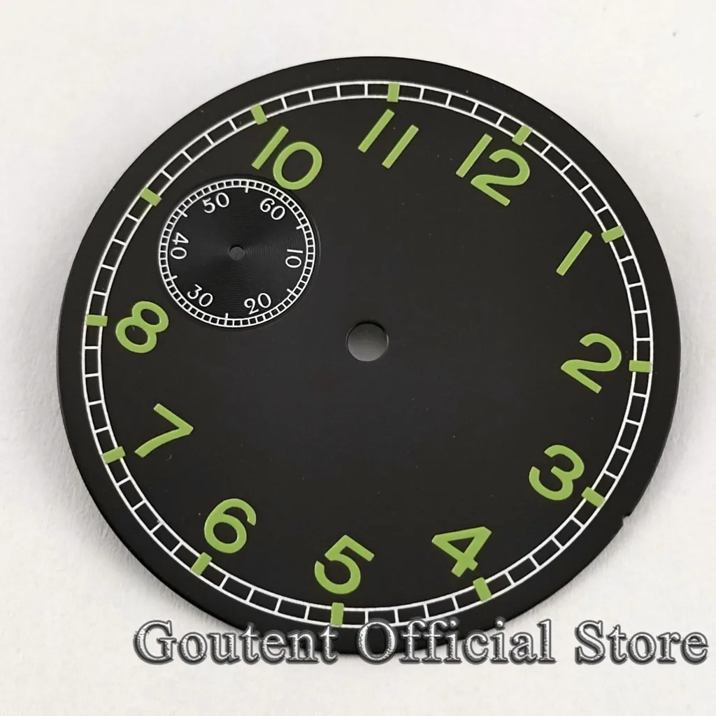 Goutent 38.9mm Black Watch Dial Green Luminous Fit ETA 6497 ST36 Movement Men\'s Watch Face