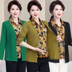 6XL Middle-aged Women Blouse Spring New Long Sleeve Fake Two Pieces Shirts Large Size Female Print Tops Elegant Cardigan Blaus