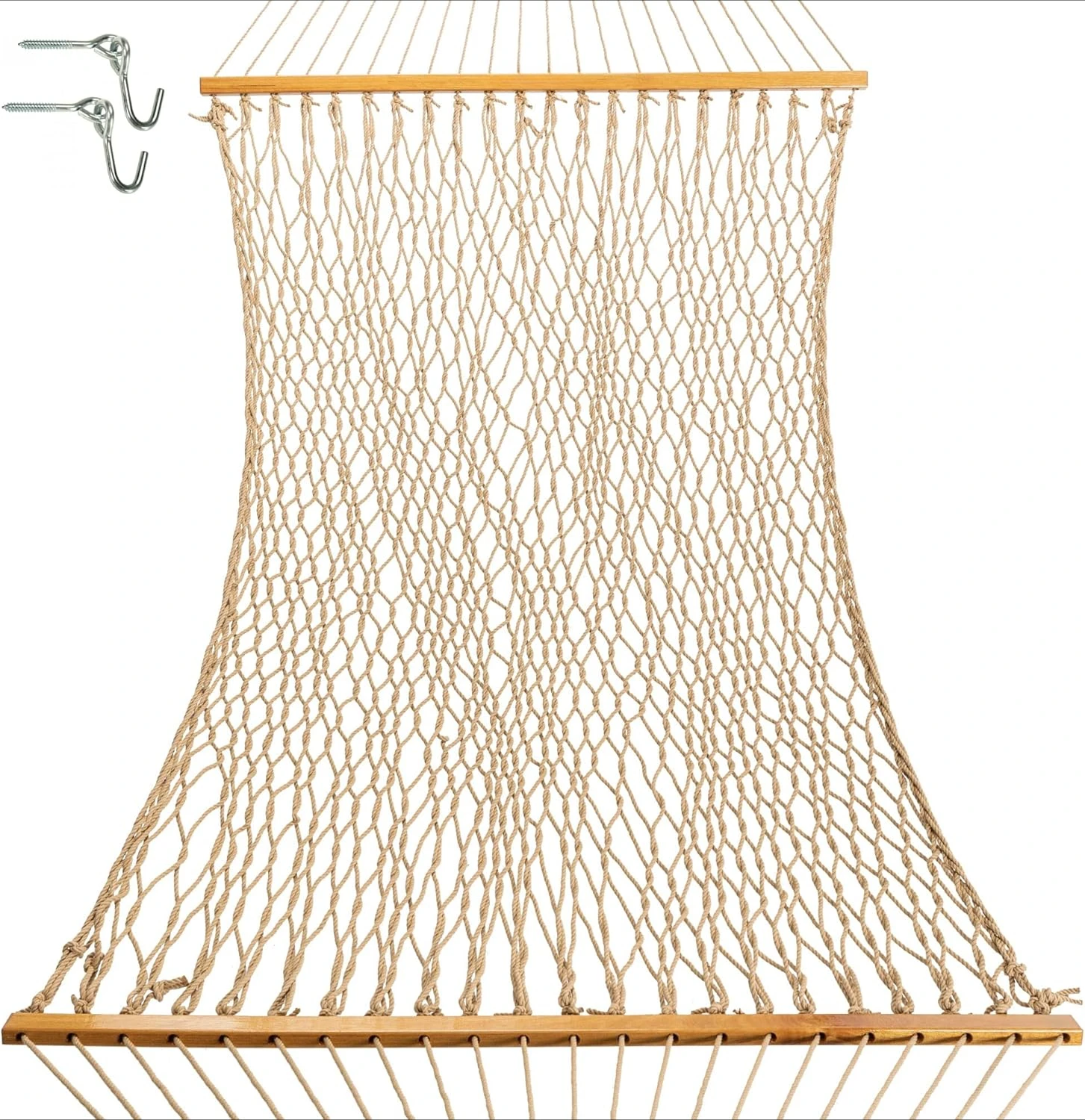 13DCTAN Large Tan  Rope Hammock with Free Extension Chains & Tree Hooks, Accommodates 2 People, 450 LB Weight Capacity