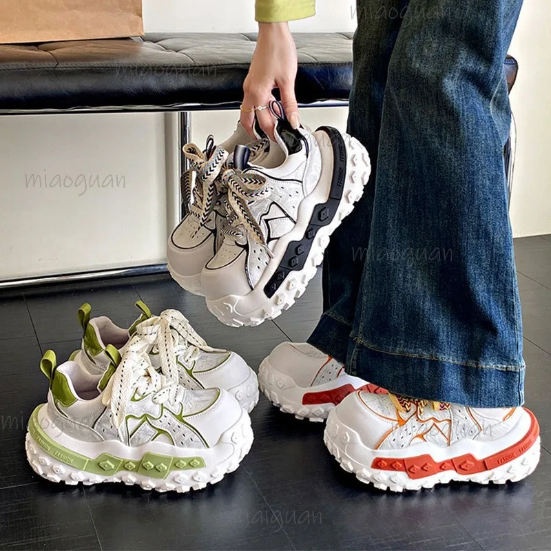 Spring Summer Women's Colorblock Lace-Up Chunky Platform Sneakers Female Casual Sport Shoes Thick Sole Streetwear Кеды Женские