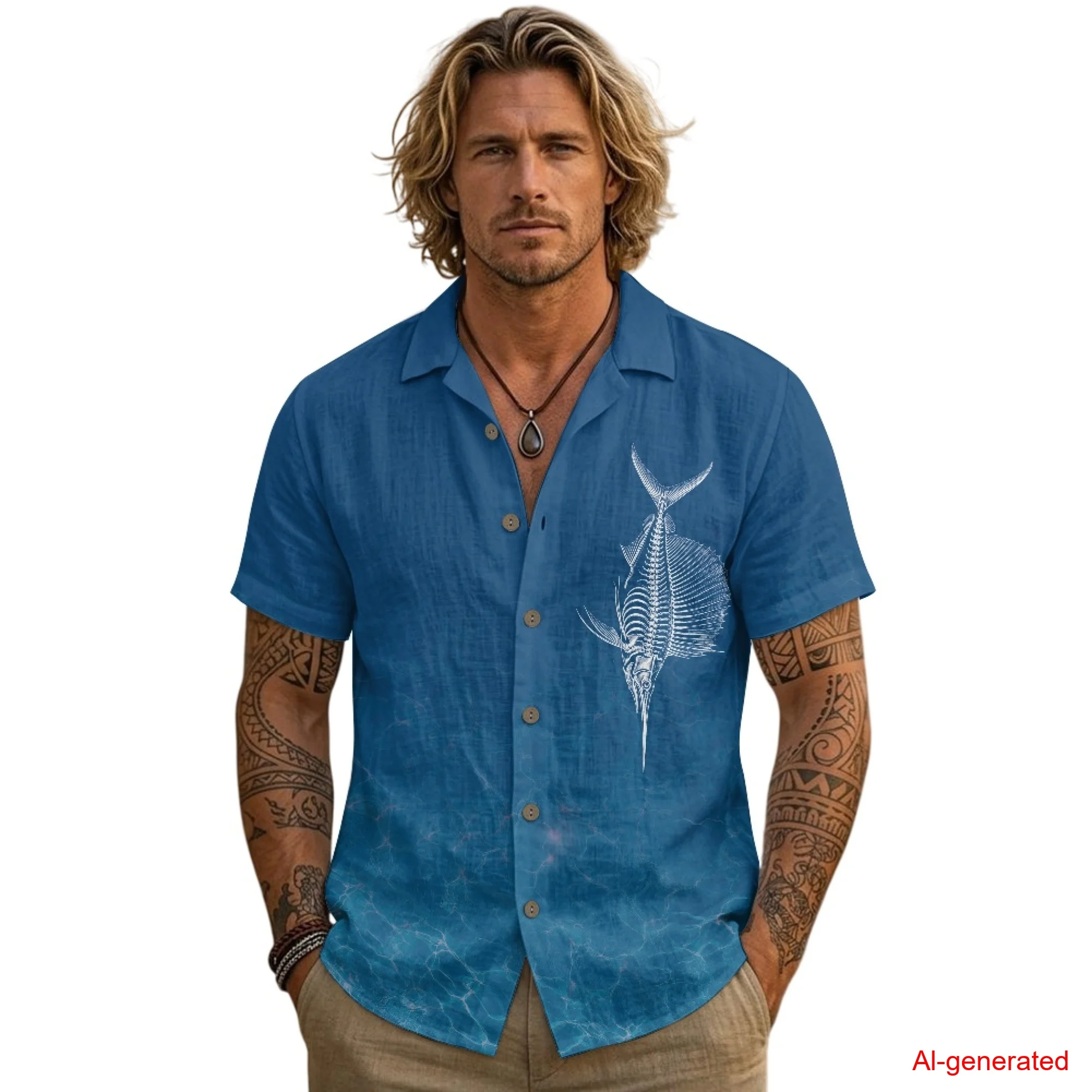 INSTANTARTS Men's Linen Short-Sleeved Shirt Fish Button Down Shirt for Men Hawaiian Beach Vacation Short Sleeve Top S-3XL