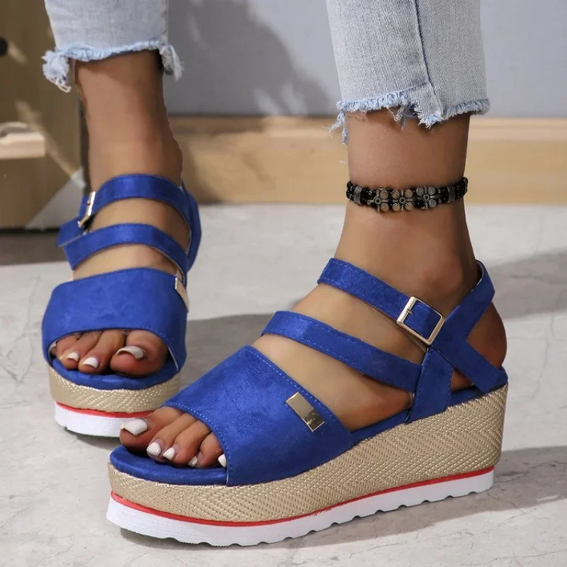 Women Summer Woven Wedge Roman Sandals Women Retro Ankle Buckle Chunky Platform Sandles Woman Open Toe Thick Bottom Sandalias