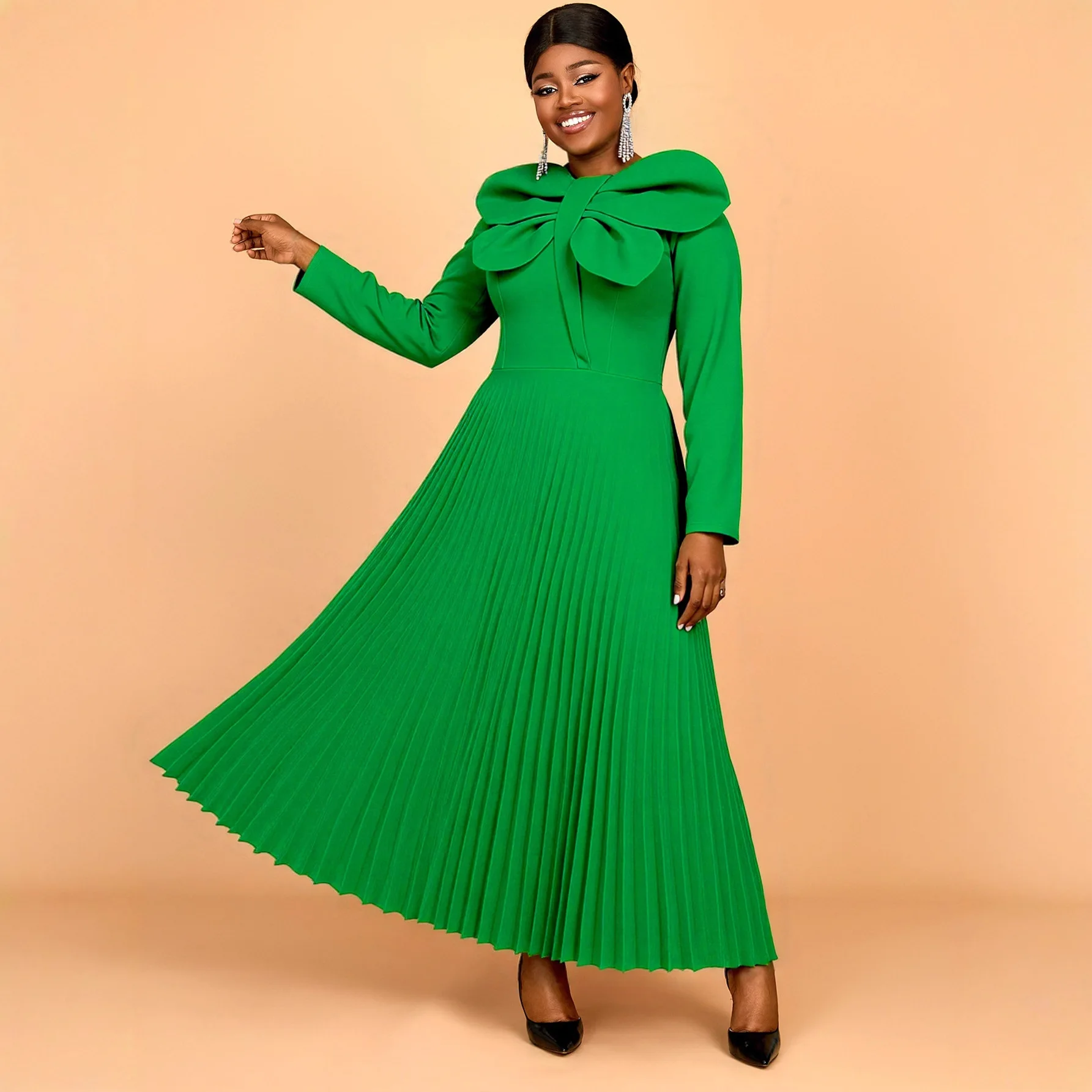 

Женское зеленое платье больших размеров с бантом и плиссированной юбкой, модное, элегантное, с длинным рукавом, для вечеринок, летнее, повседневное, в стиле Y2K