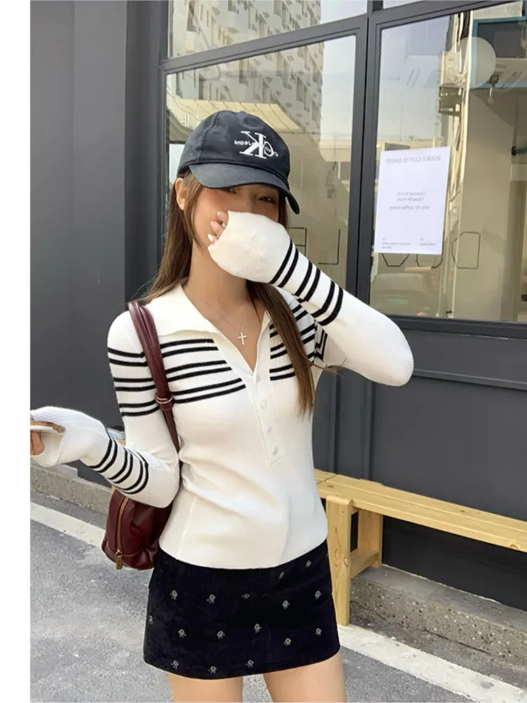 

2025 Striped Long Sleeve Tops Bodycon blusas T Shirt Tees Slim Knitted Pullover V-link Contrast All-match Simple Style Commuting