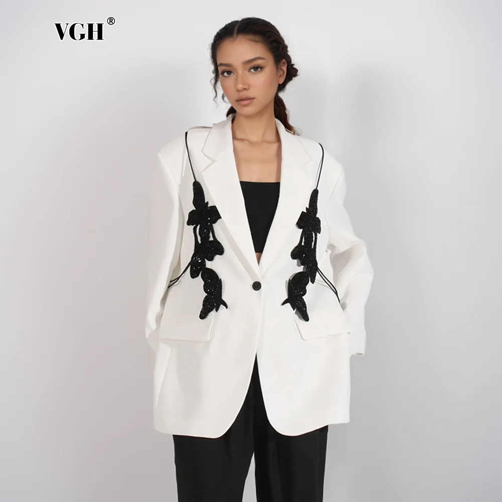 

VGH Spliced Lace Up Chic Design Sense Loose Blazer For Women Notched Collar Long Sleeve Patchwork Button Temperament Coat Female