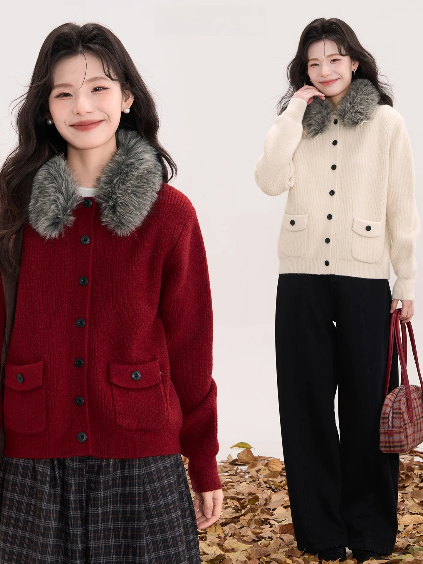 

Heme Knitted Sweater with Large Fur Collar Casual Sle Women's Faion Autumn Winter Long Sve Cardigan with ket