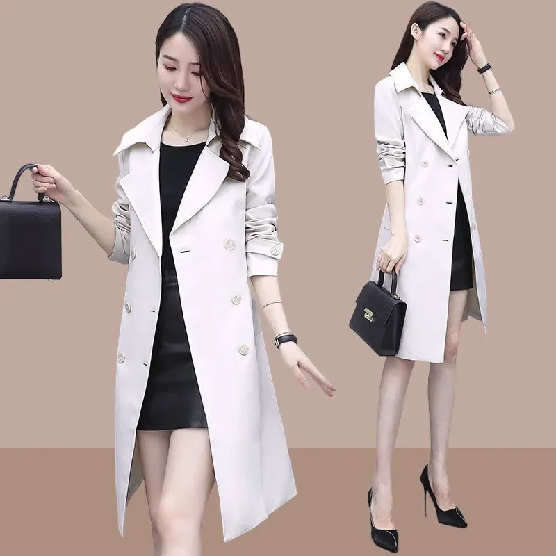 Casual Windbreakers Women's Overcoat Fashion Slim Mid-Length Belt Double-Breasted Coat 2024 Spring Autumn New Trenchcoat Coat