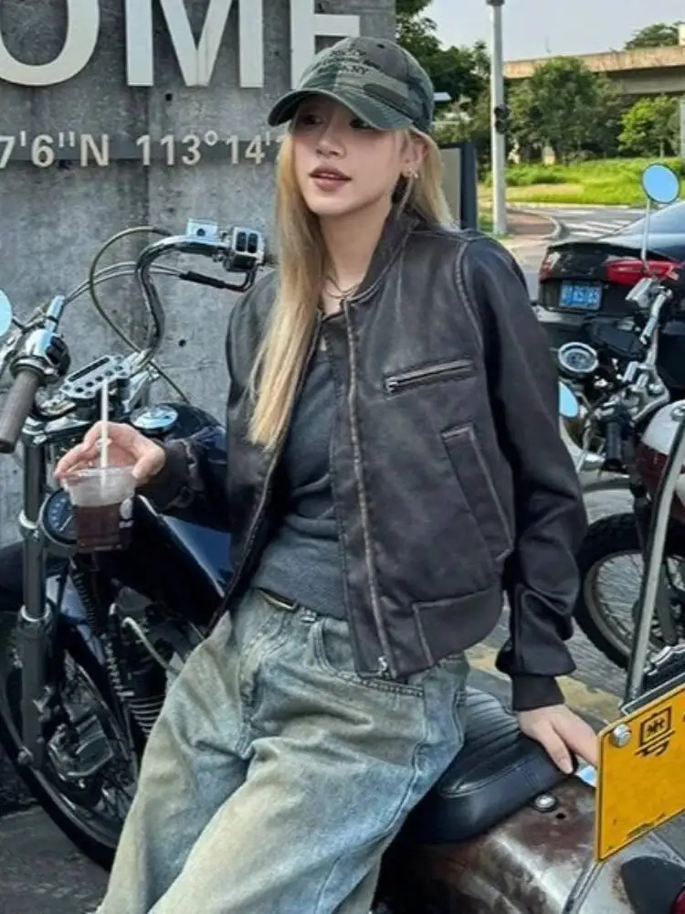 New In Autumn Winter High End Short Motorcycle Leather Jacket Women Top Retro Brown Loose Casual Coat Female Clothing