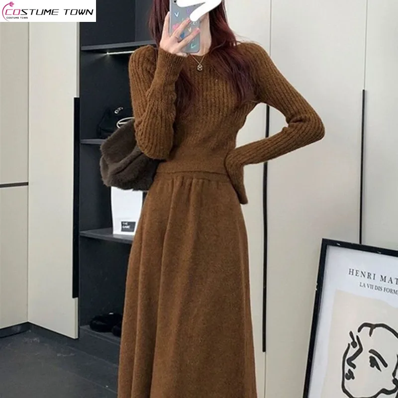 Light mature lazy style knitted round neck long sleeved sweater+slim fit half body long skirt two-piece set