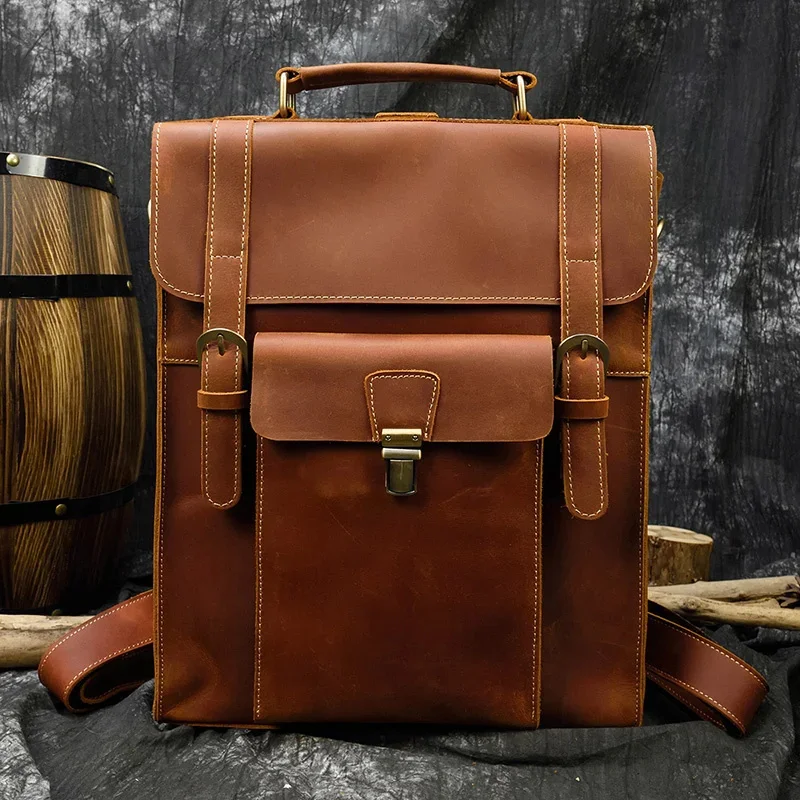 Vintage Style Genuine Crazy Horse Leather Travel Backpack With Revmoable Shoulder Strap Men School Bag