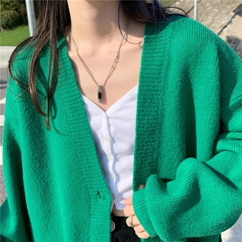 Green Women Sweater Mid-length Cardigan 2023 Autumn Winter Loose V-neck Knitted Cardigans Female Long Sleeve Sweaters Midi Coat