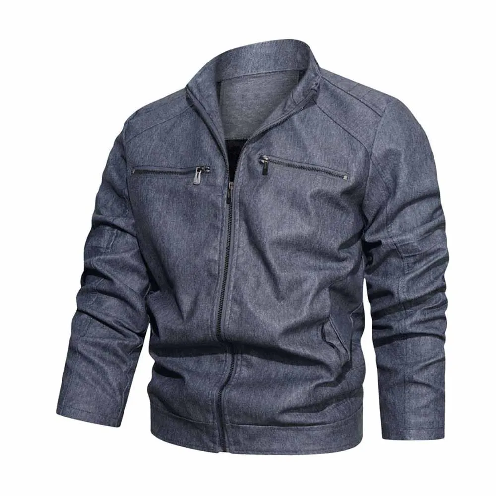 

Autumn and winter jacket men stand collar work jacket solid color zipper leather warm light jacket