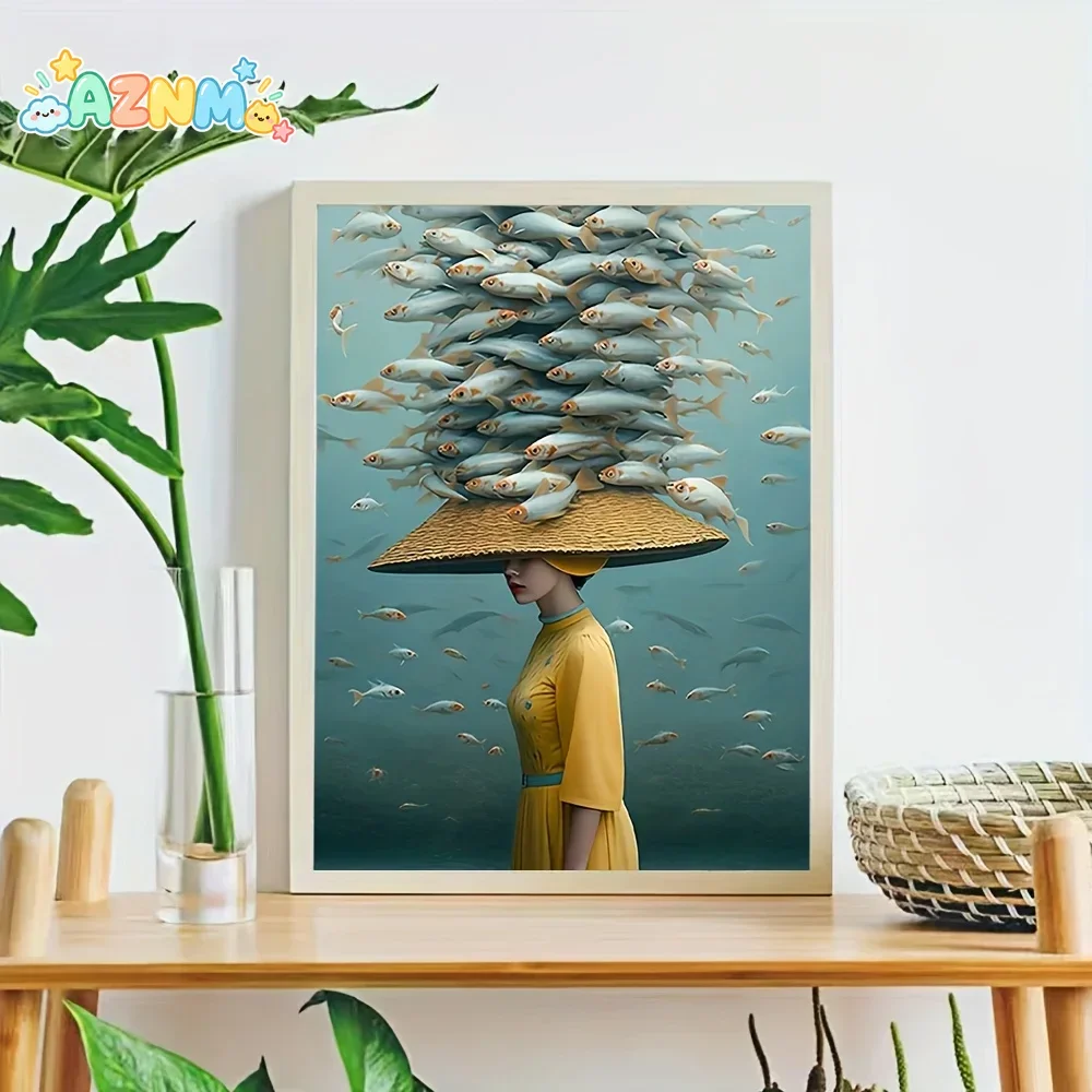 Woman Wear Straw Hat in Water with Fish on Head Poster Print Abstract Canvas Painting Wall Art Picture for LivingRoom Home De