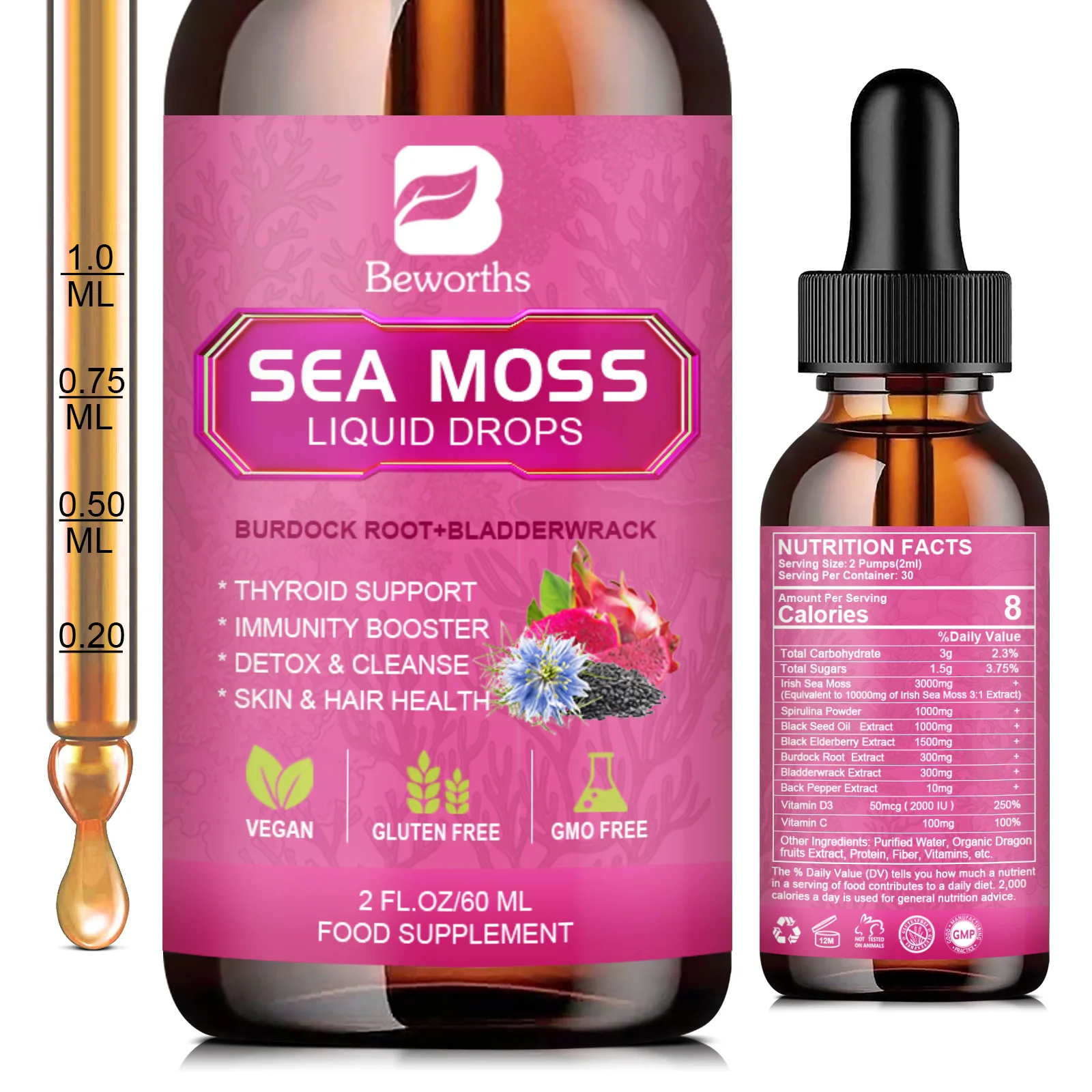 BEWORTHS 3000MG Seamoss Liquid Drop Organic Black Seed Oil & Burdock Root Bladder Enhance Immunity, Hair,Skin & Digestion Health