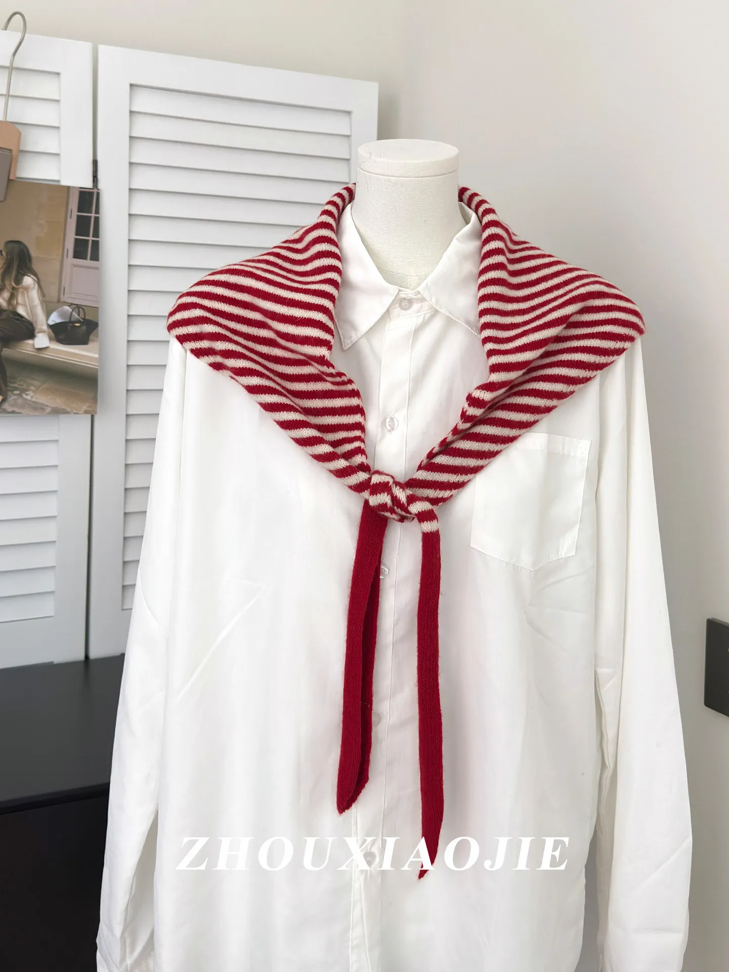 Women New Preppy Style Striped Wool Knit Triangle Scarf Autumn Winter Outer Match Fashion Shawl Neck Warmer Wool Scarf