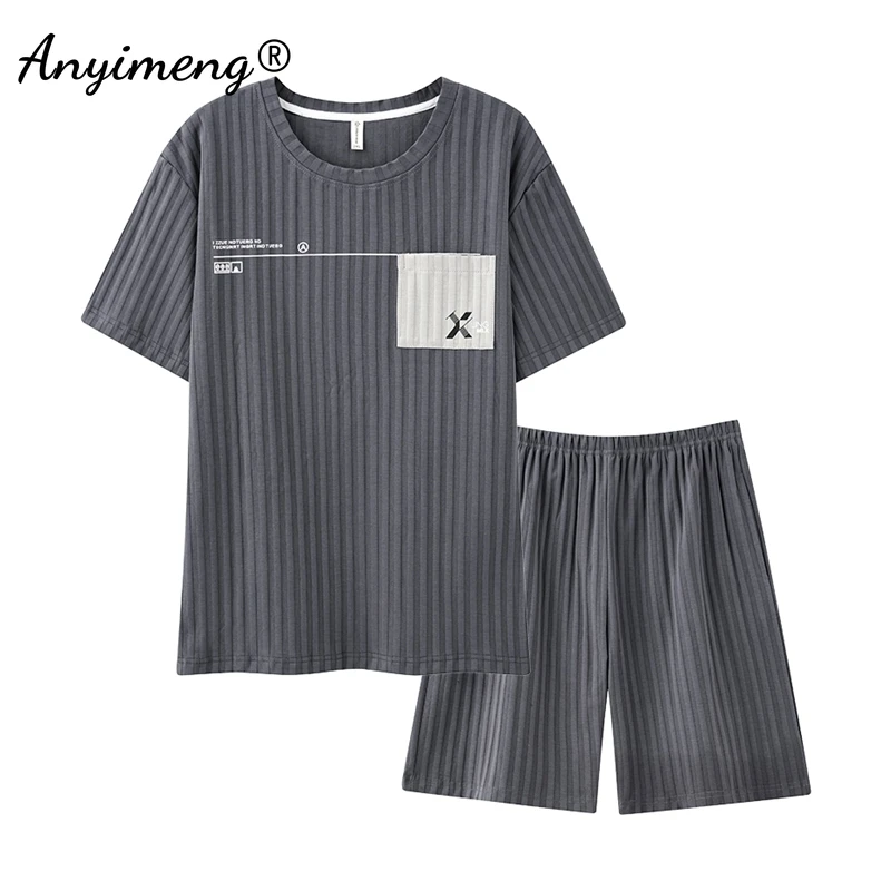 New Summer Men Faux Cotton Pajamas Short Sleeves Shorts Nightwear Plus Size L-3XL Homewear for Young Man Pullover Pijamas