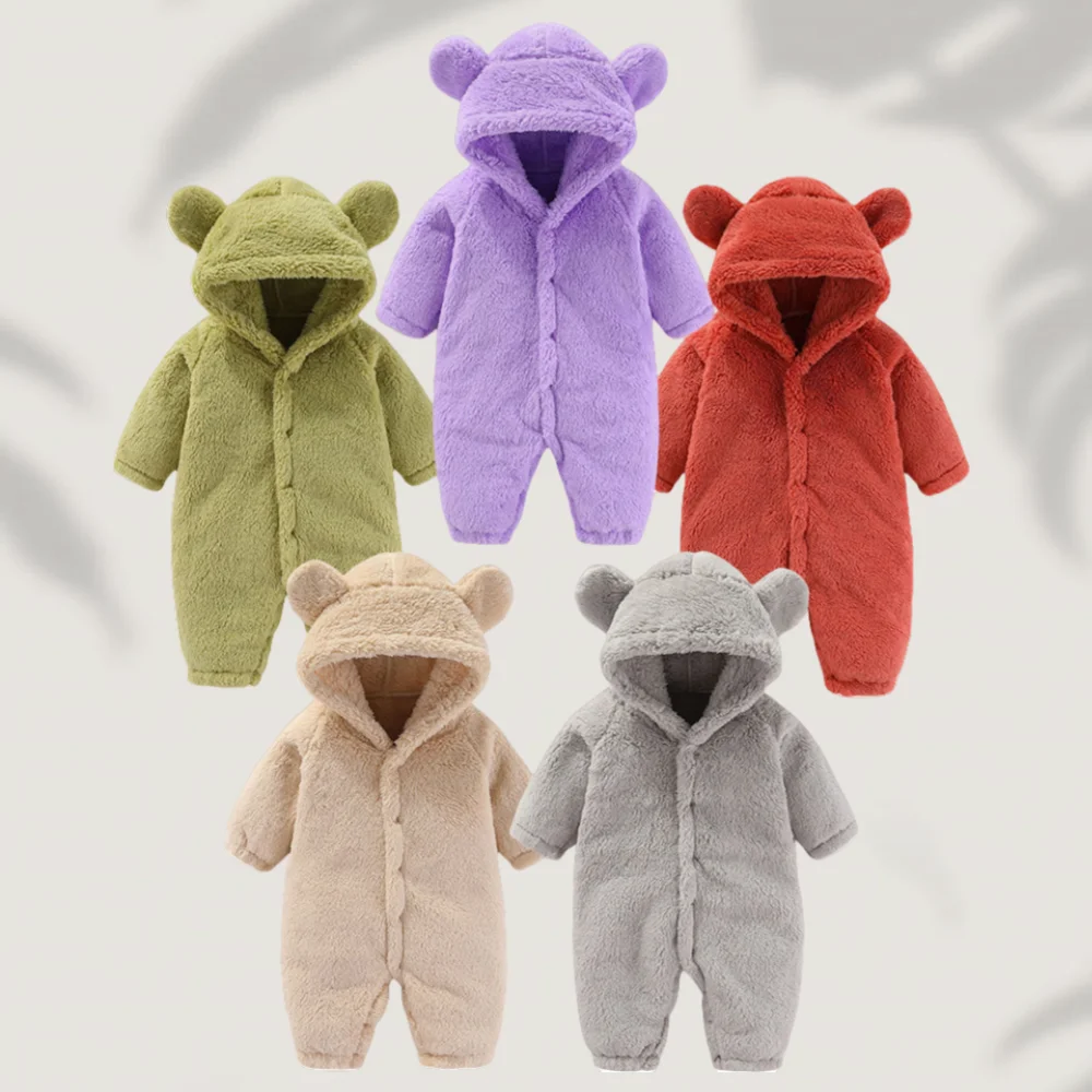

2025 Winter 0-12M Newborn Baby Girls Boys Warm Fleece Bear Ear Romper Jumpsuit Thick Cozy Multi-Color Infant Hooded Jumpsuit
