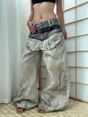 3D Digital Print Double Head Waist Belt Silhouette Jeans Street Style Loose Wide Leg Knife Long Pants Women's Casual Jeans